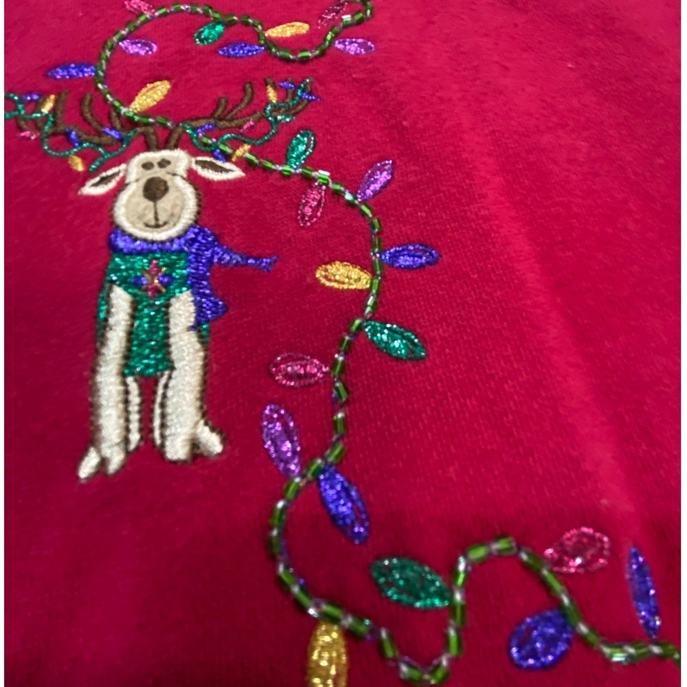 Karen Scott Women's XL Red Reindeer Christmas Lights Beaded Cardigan Sweater - Picture 4 of 12